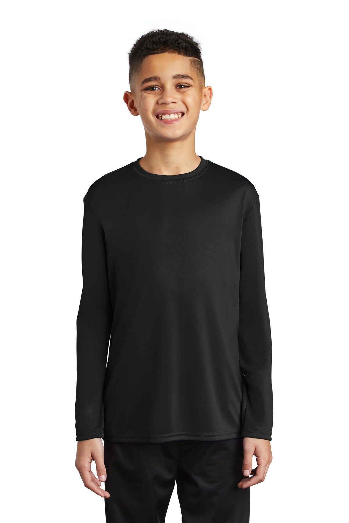 Front View of Jet Black Port & Co Youth Long Sleeve Performance Tee PC380YLS plain