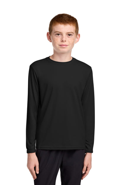 Front View of Jet Black Port & Co Youth Long Sleeve Performance Tee PC380YLS plain