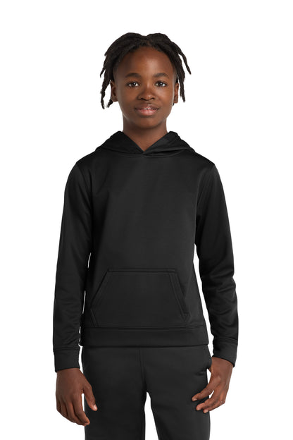 Front View of Jet Black Port & Co Youth Performance Fleece Pullover Hooded Sweatshirt. PC590YH plain