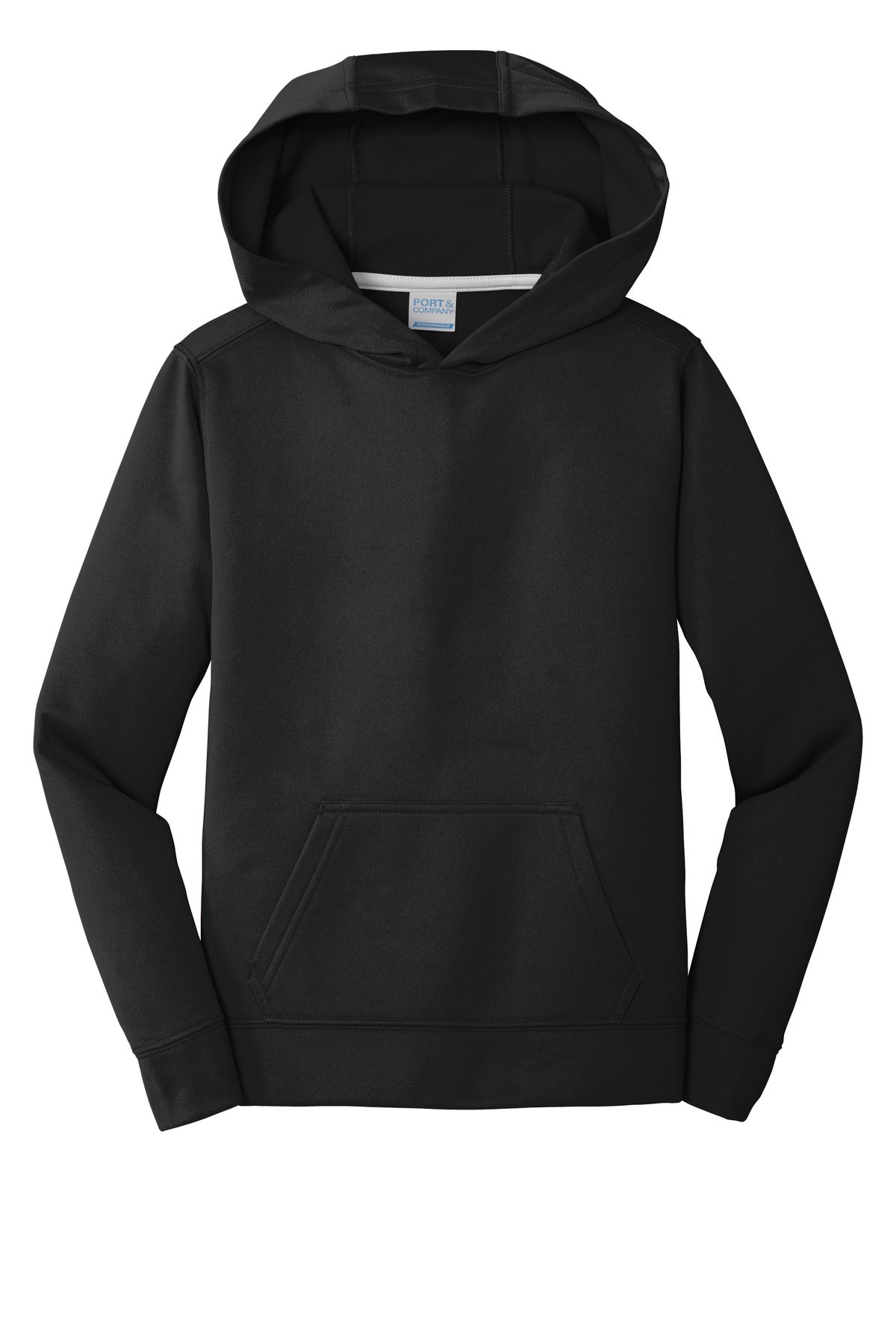 Front View of Jet Black Port & Co Youth Performance Fleece Pullover Hooded Sweatshirt. PC590YH plain