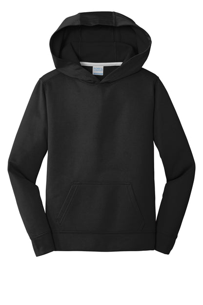 Front View of Jet Black Port & Co Youth Performance Fleece Pullover Hooded Sweatshirt. PC590YH plain