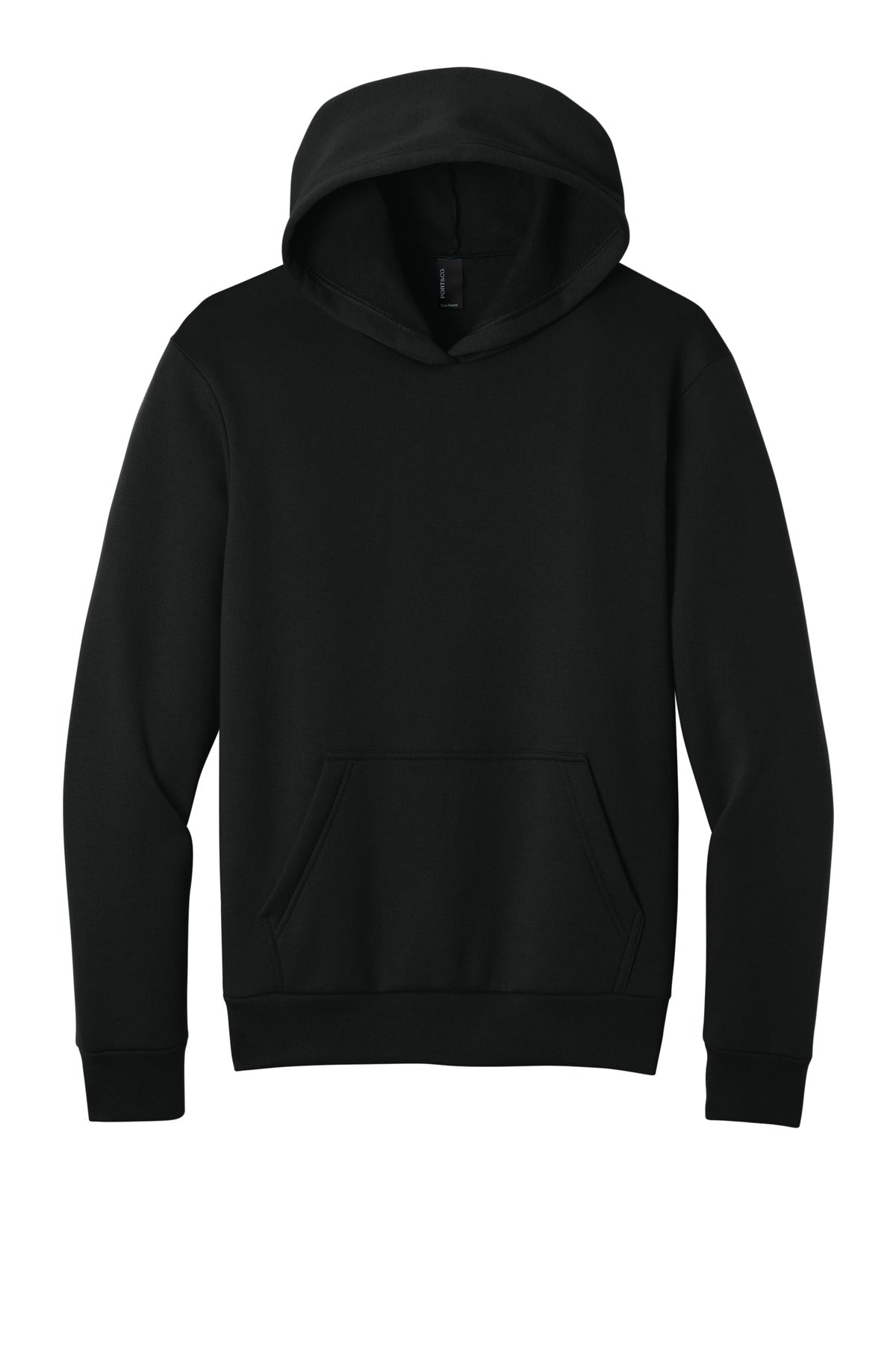 Front View of JetBlack Port & Co Easy Fleece Pullover Hooded Sweatshirt PC68H plain
