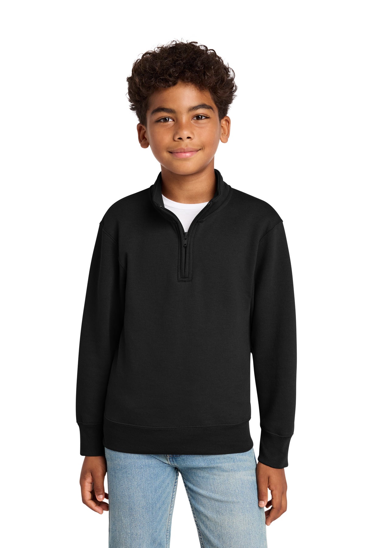 Front View of JetBlack Port & Co Youth Core Fleece 1/4-Zip Pullover Sweatshirt PC78YQ plain