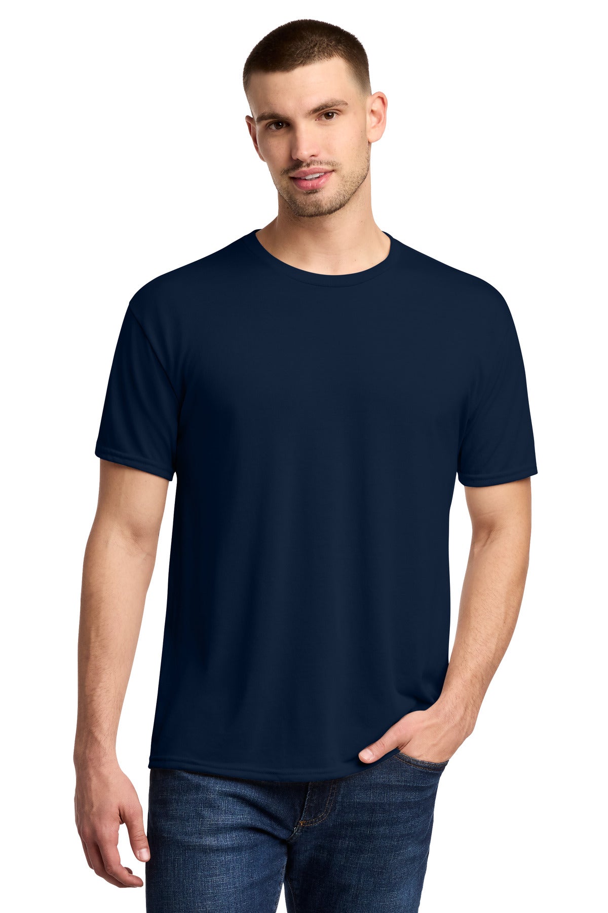 Front View of JNavy Jerzees Dri-Power 100% Polyester T-Shirt. 21M plain