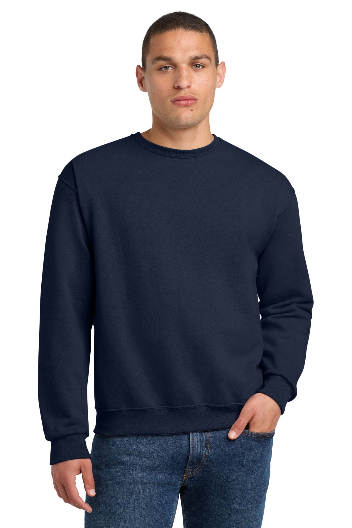 Front View of JNavy Jerzees - NuBlend Crewneck Sweatshirt. 562M plain