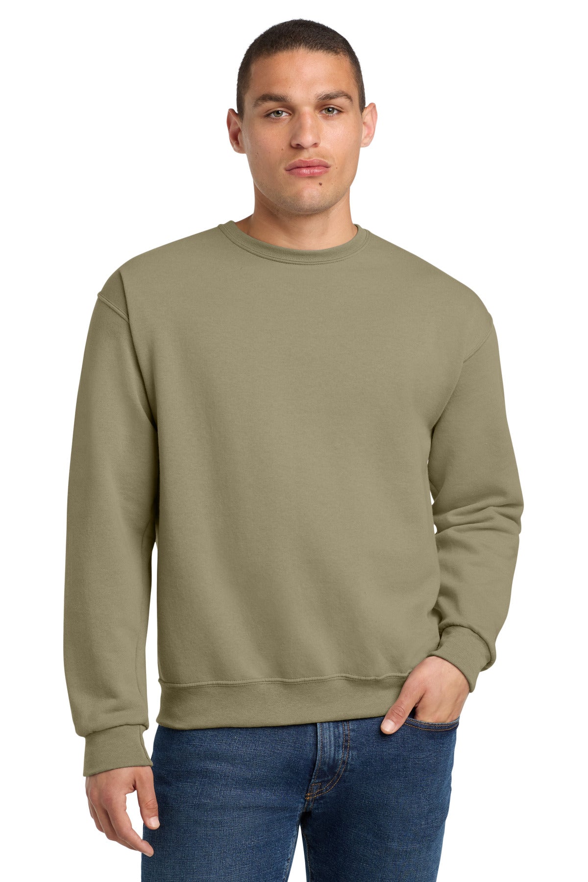 Front View of Khaki Jerzees - NuBlend Crewneck Sweatshirt. 562M plain