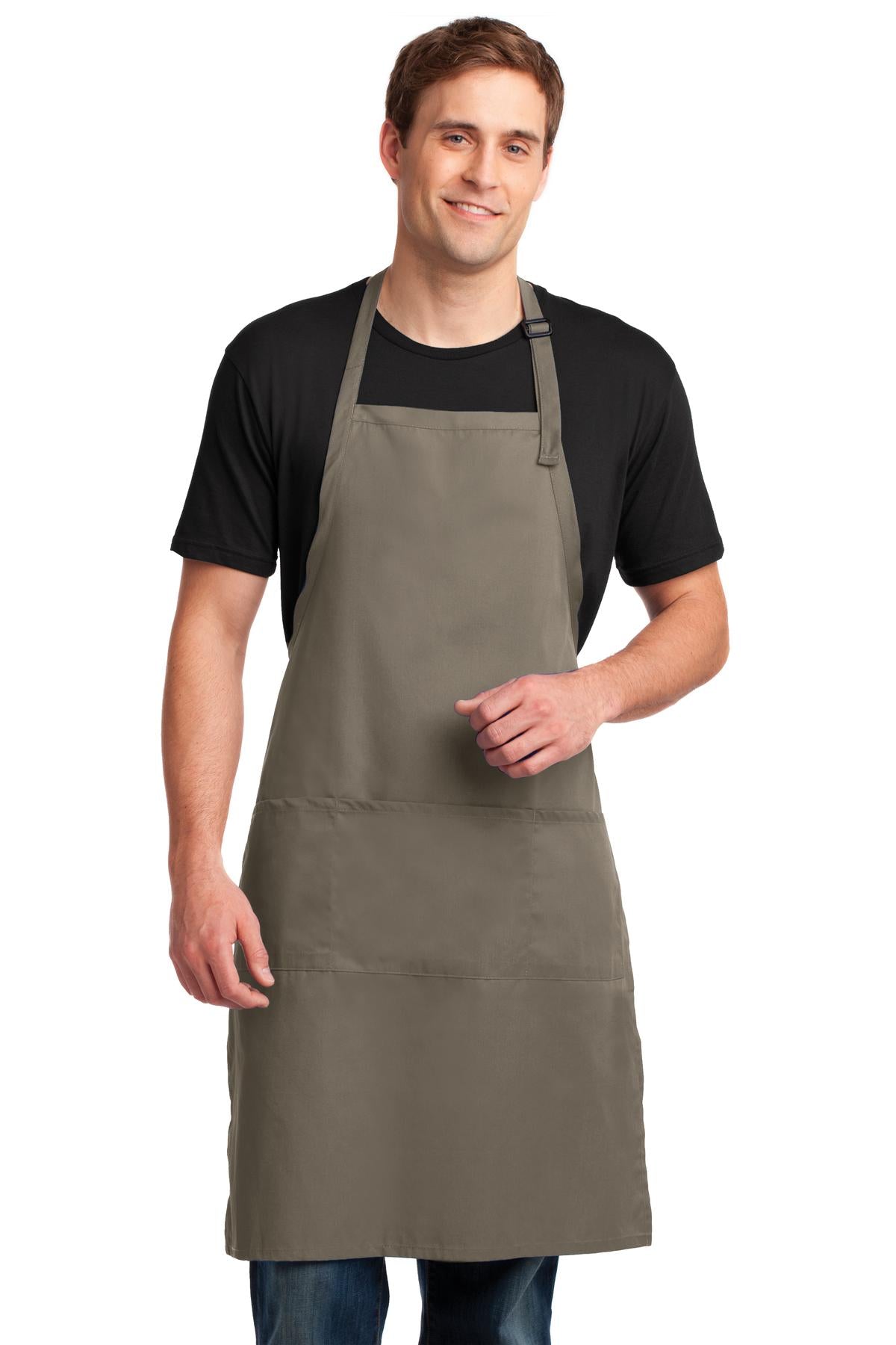 Front View of Khaki Port Authority Easy Care Extra Long Bib Apron with Stain Release. A700 plain