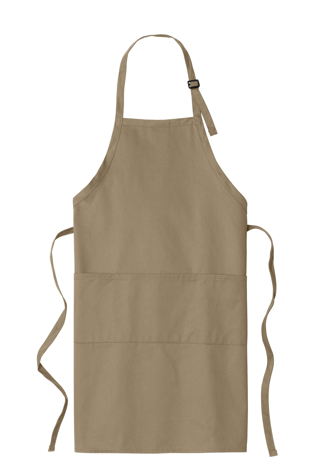 Front View of Khaki Port Authority Easy Care Extra Long Bib Apron with Stain Release. A700