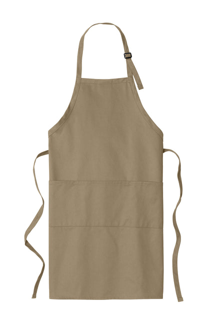 Front View of Khaki Port Authority Easy Care Extra Long Bib Apron with Stain Release. A700