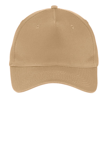 Front View of Khaki Port Authority Five-Panel Twill Cap. CP86
