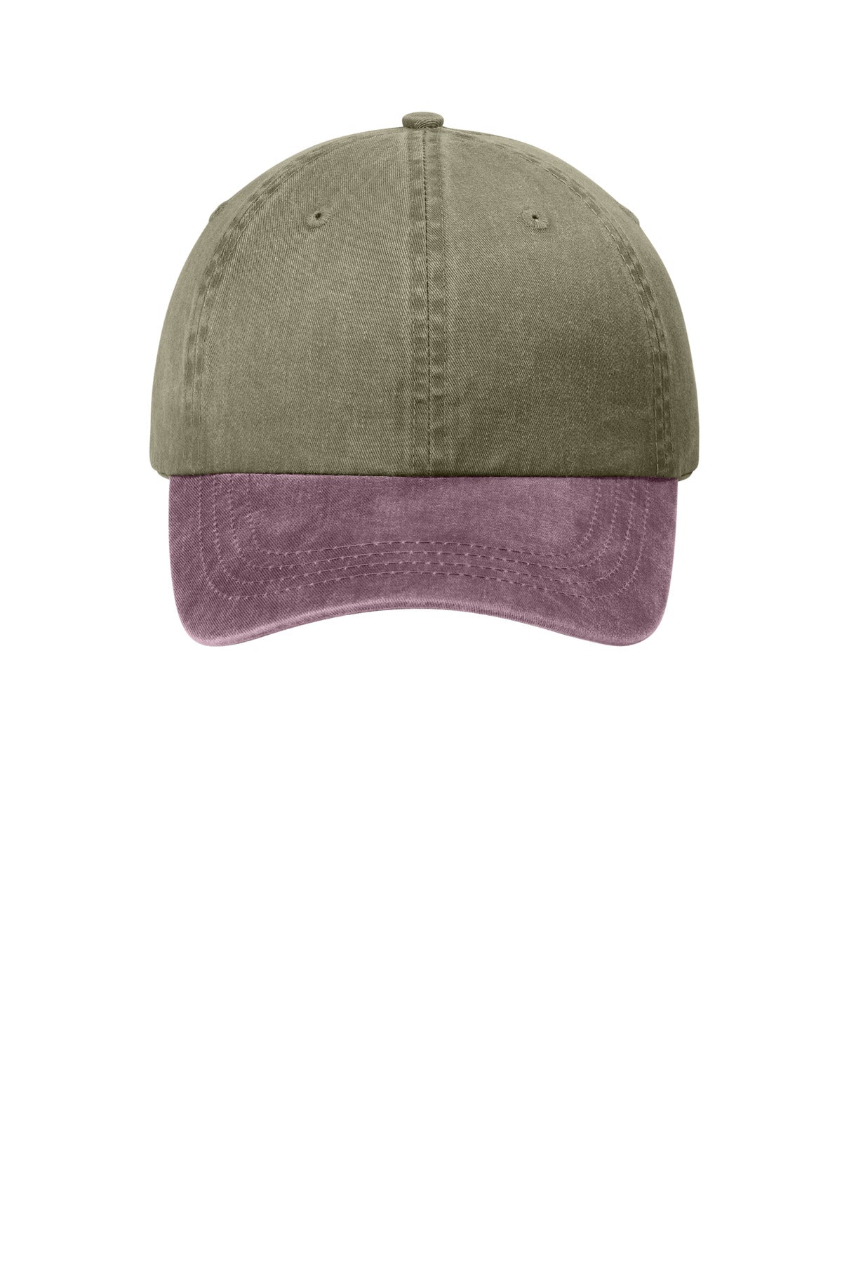 Front View of Khaki/Maroon Port Authority Two-Tone Pigment-Dyed Cap. CP83 plain