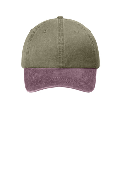 Front View of Khaki/Maroon Port Authority Two-Tone Pigment-Dyed Cap. CP83 plain