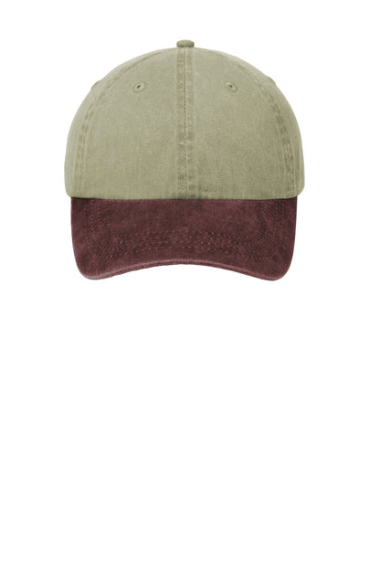 Front View of Khaki/Maroon Port Authority Two-Tone Pigment-Dyed Cap. CP83 plain