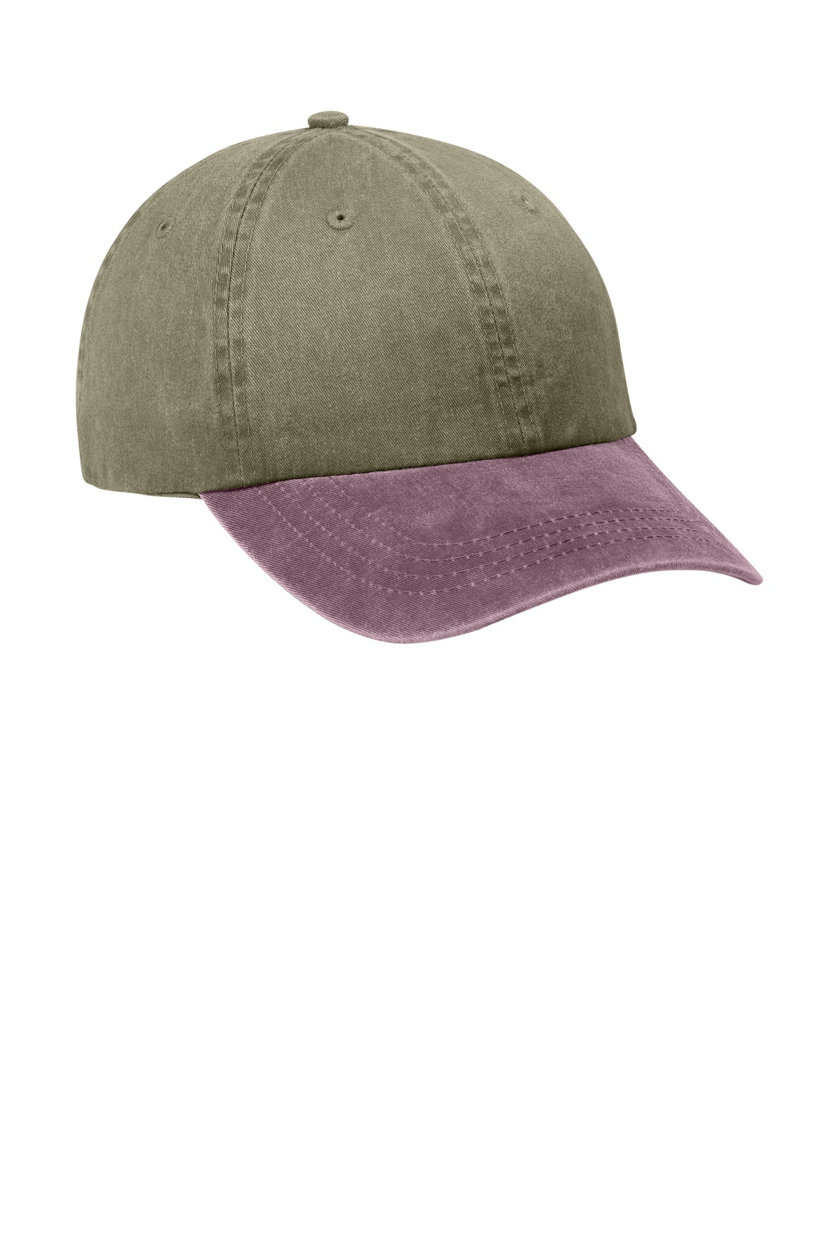 Front View of Khaki/Maroon Port Authority Two-Tone Pigment-Dyed Cap. CP83 plain
