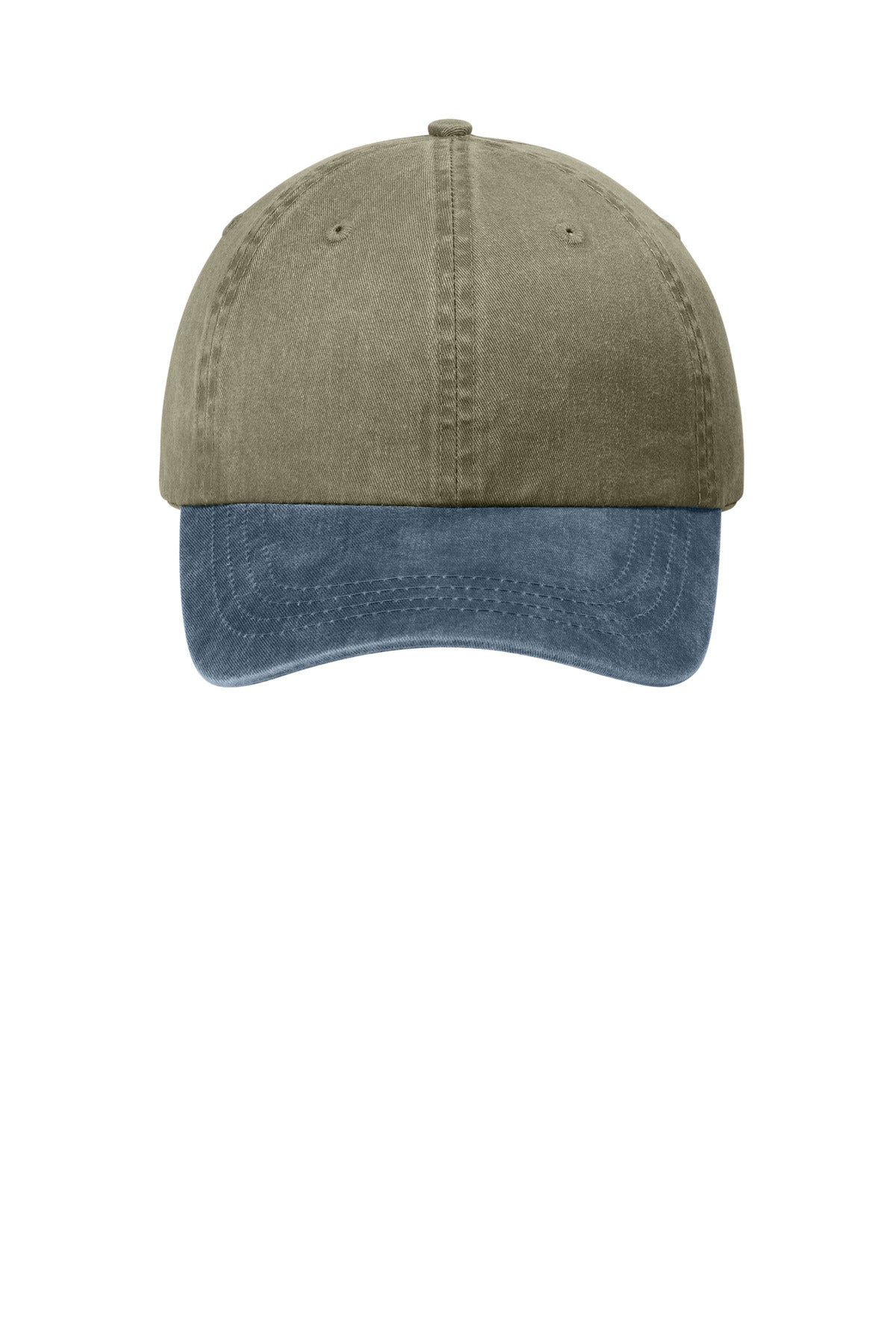 Front View of Khaki/Navy Port Authority Two-Tone Pigment-Dyed Cap. CP83 plain