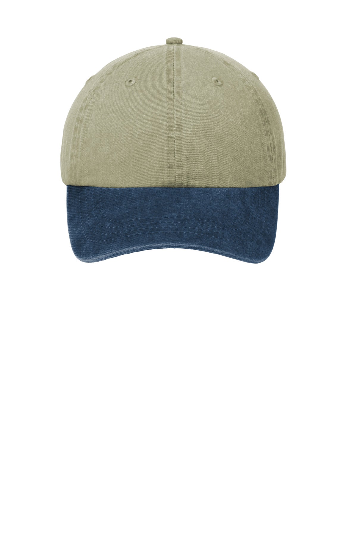 Front View of Khaki/Navy Port Authority Two-Tone Pigment-Dyed Cap. CP83 plain
