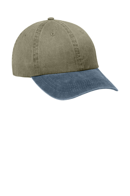 Front View of Khaki/Navy Port Authority Two-Tone Pigment-Dyed Cap. CP83 plain