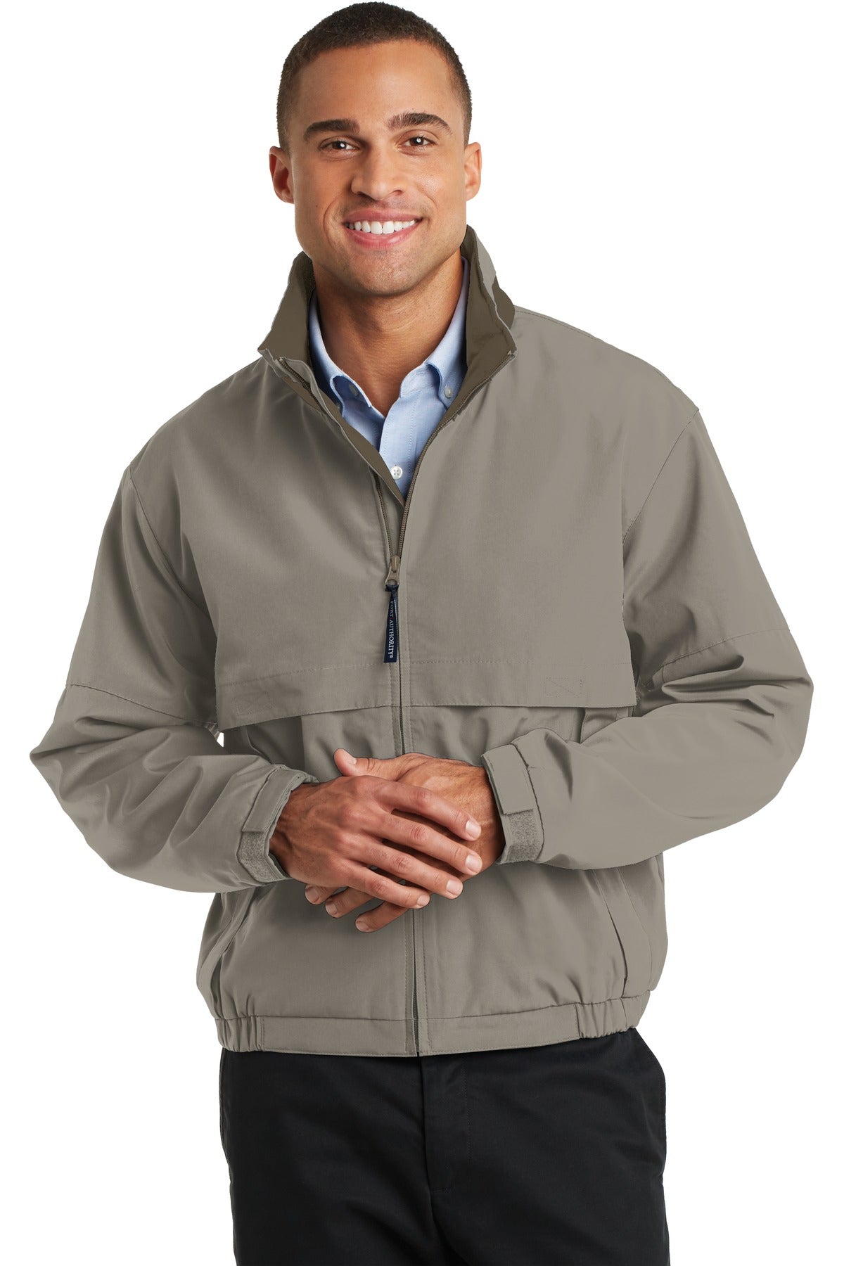 Front View of Khaki/Nutmeg Port Authority Legacy Jacket. J764 plain