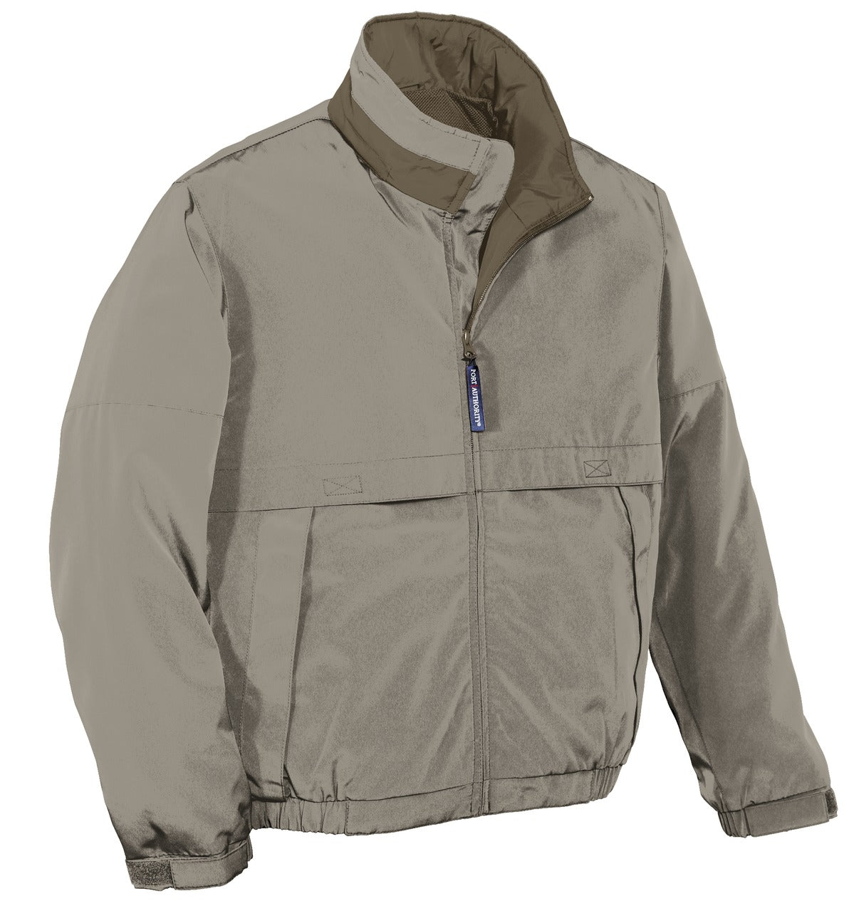 Front View of Khaki/Nutmeg Port Authority Legacy Jacket. J764 plain