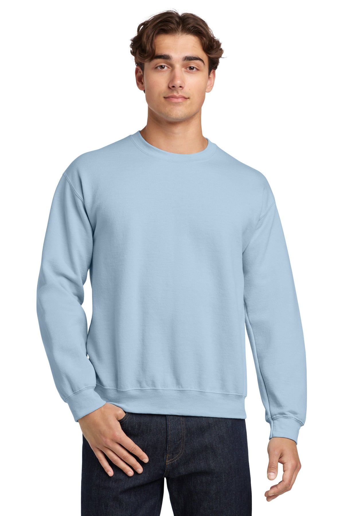 Front View of Light Blue Gildan Heavy Blend Crewneck Sweatshirt. 18000 plain