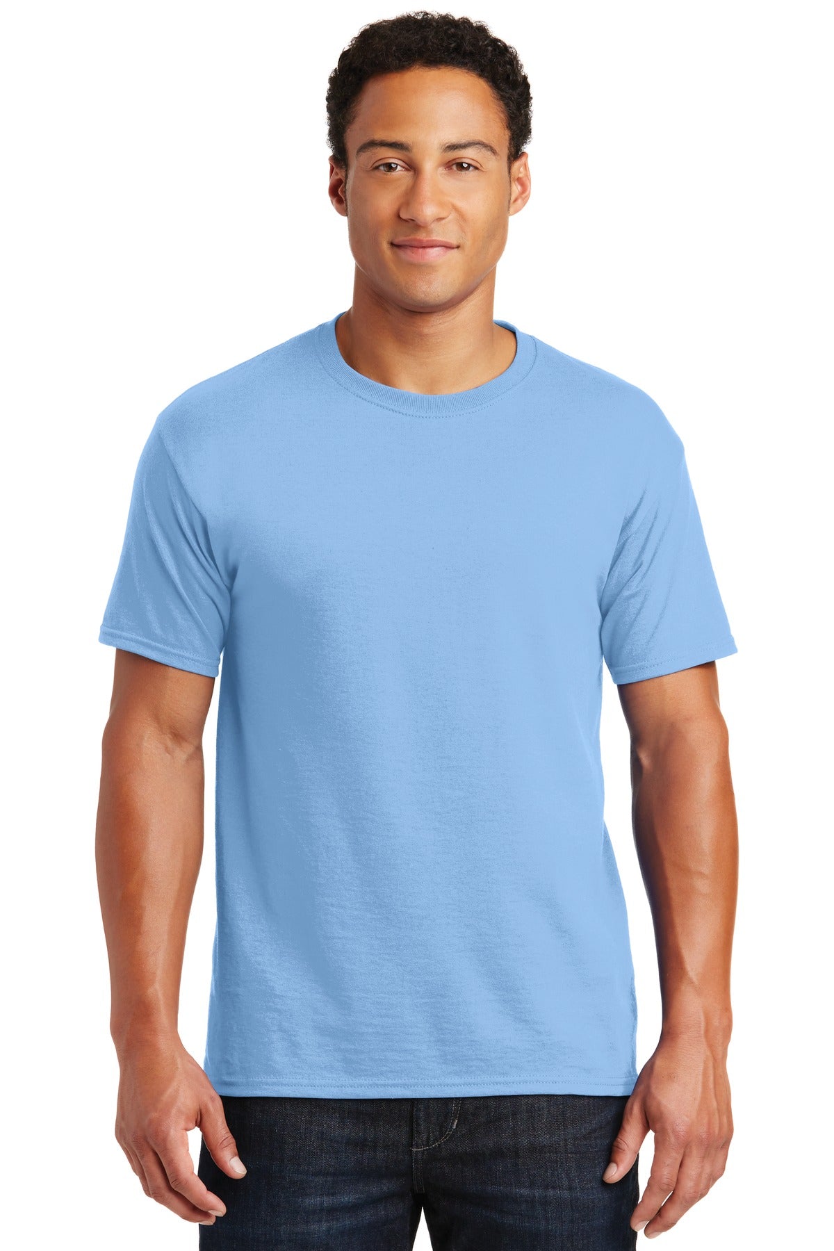 Front View of Light Blue Jerzees - Dri-Power 50/50 Cotton/Poly T-Shirt. 29M plain