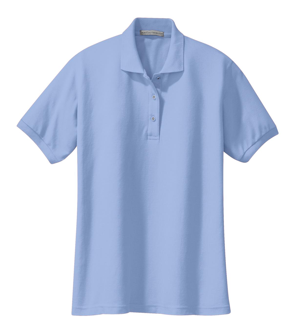 Front View of Light Blue Port Authority Women's Silk Touch Polo. L500 plain