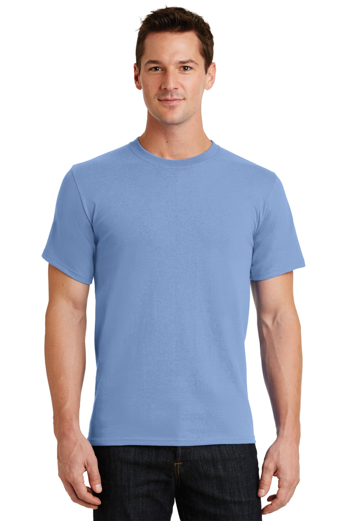 Front View of Light Blue Port & Co Essential Tee. PC61 plain