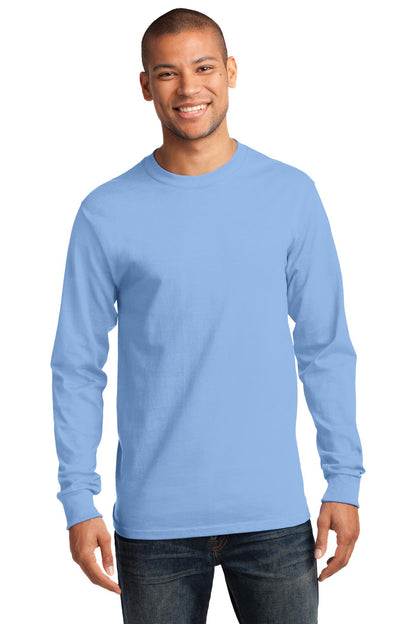 Front View of Light Blue Port & Co Long Sleeve Essential Tee. PC61LS plain