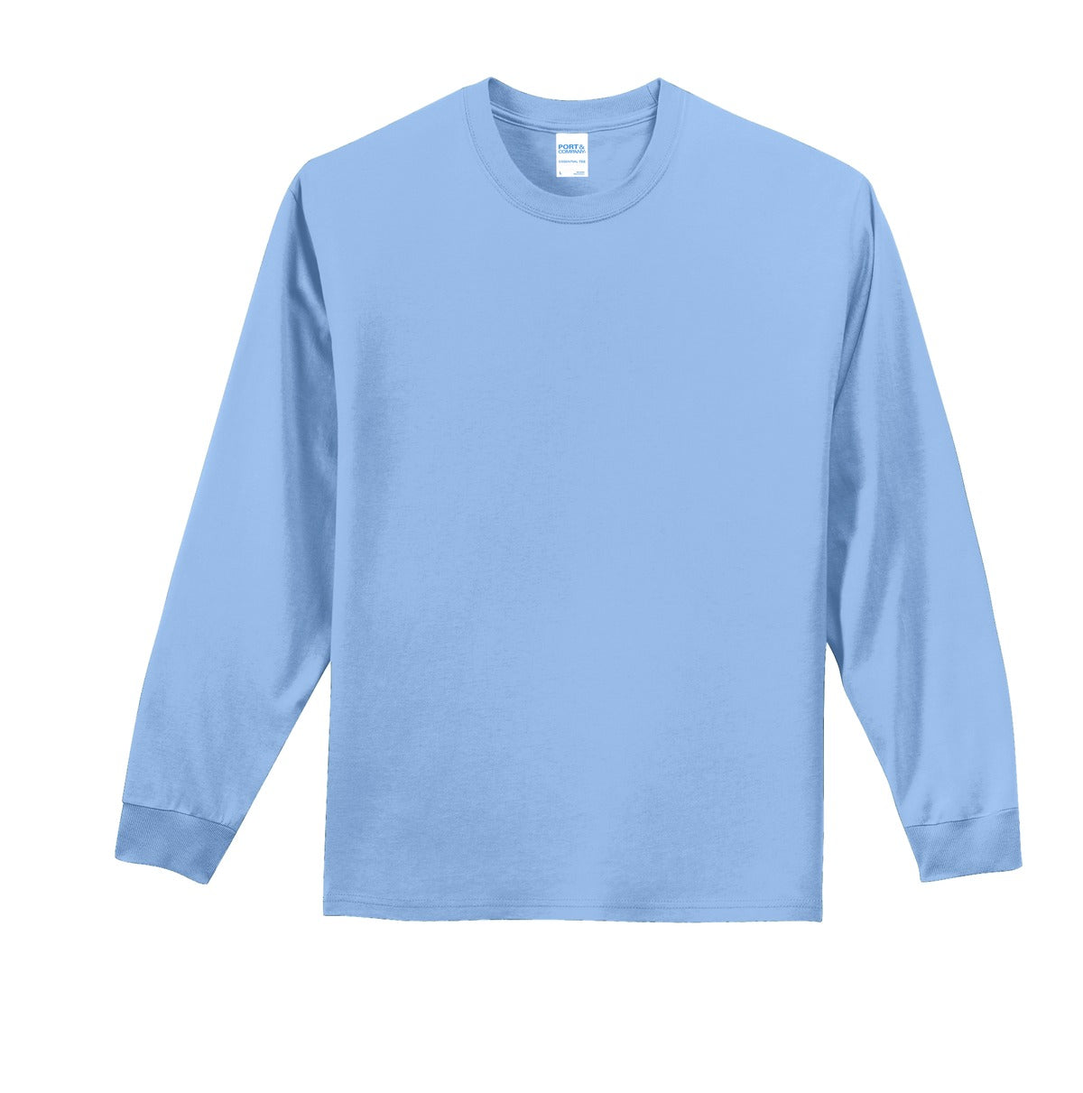 Front View of Light Blue Port & Co Long Sleeve Essential Tee. PC61LS plain
