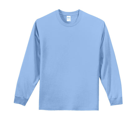 Front View of Light Blue Port & Co Long Sleeve Essential Tee. PC61LS plain