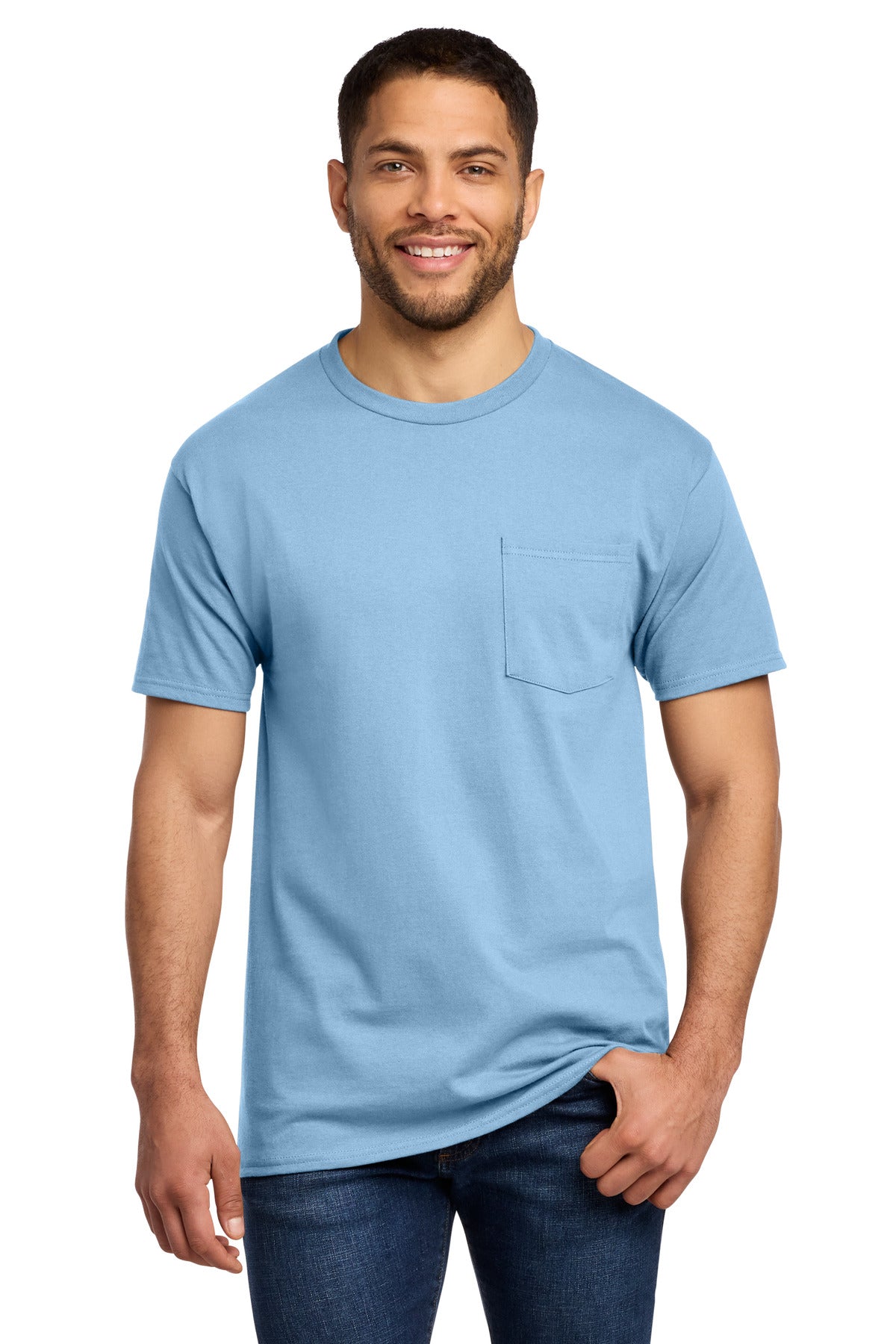 Front View of Light Blue Port & Co Tall Essential Pocket Tee. PC61PT plain
