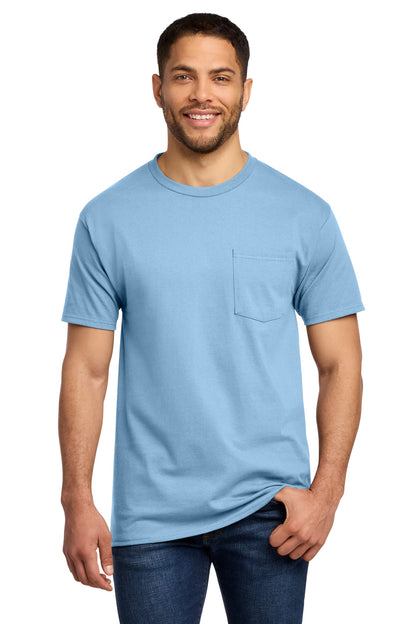 Front View of Light Blue Port & Co Tall Essential Pocket Tee. PC61PT plain