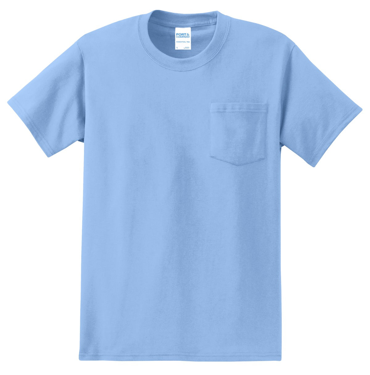 Front View of Light Blue Port & Co Tall Essential Pocket Tee. PC61PT plain