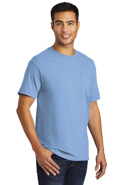 Front View of Light Blue Port & Co Tall Essential Pocket Tee. PC61PT plain