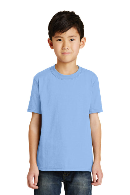 Front View of Light Blue Port & Co Youth Core Blend Tee. PC55Y plain