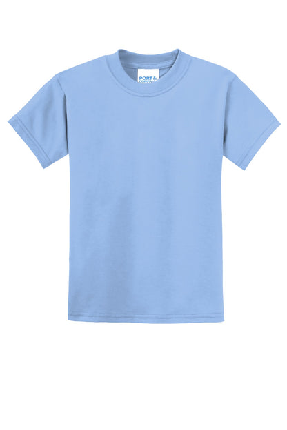 Front View of Light Blue Port & Co Youth Core Blend Tee. PC55Y plain