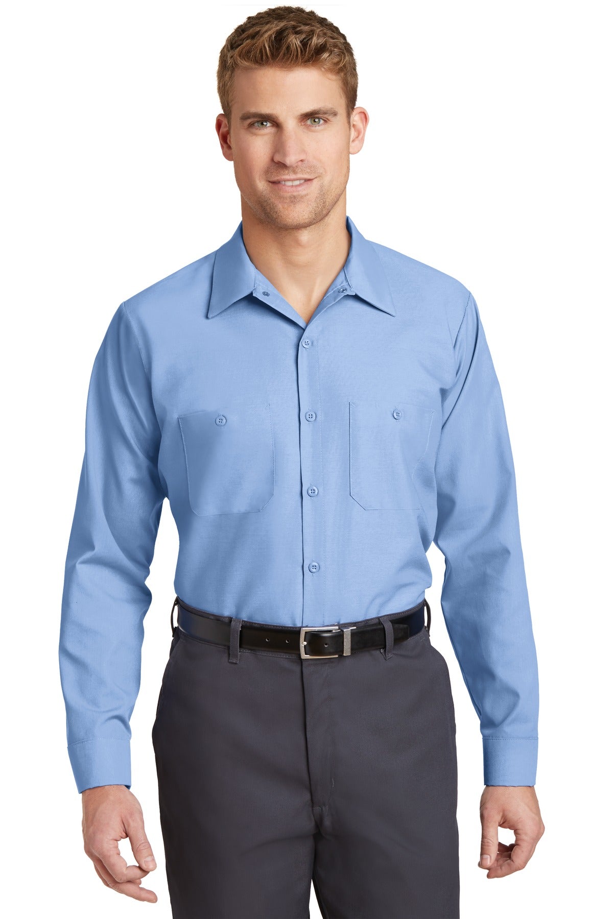 Front View of Light Blue Red Kap Long Sleeve Industrial Work Shirt. SP14 plain