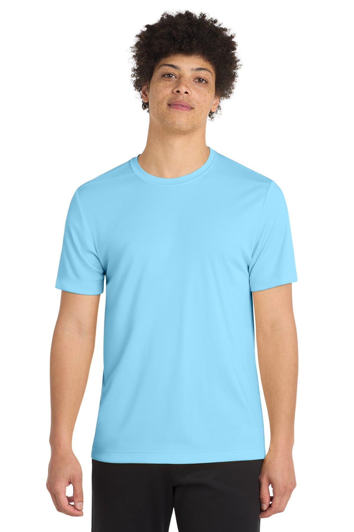 Front View of Light Blue Sport-Tek Posi-UV Pro Tee. ST420 plain