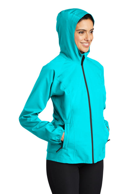 Front View of Light Cyan Blu Port Authority Women's Essential Rain Jacket L407 plain