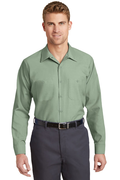 Front View of Light Green Red Kap Long Sleeve Industrial Work Shirt. SP14 plain
