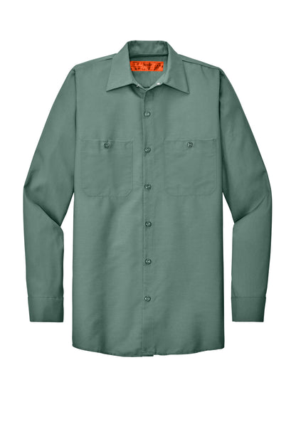 Front View of Light Green Red Kap Long Sleeve Industrial Work Shirt. SP14 plain