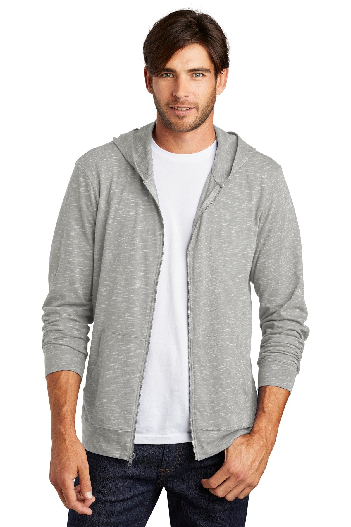 Front View of Light Grey District Medal Full-Zip Hoodie. DT565 plain