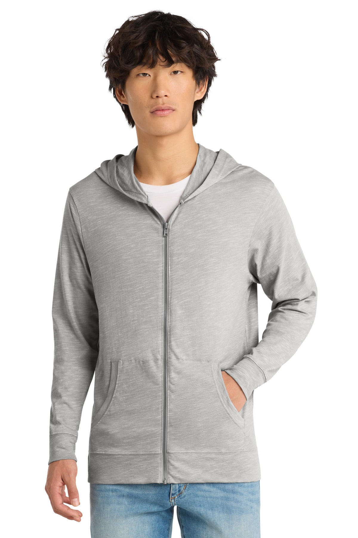 Front View of Light Grey District Medal Full-Zip Hoodie. DT565 plain