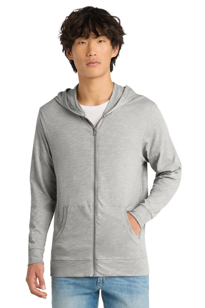 Front View of Light Grey District Medal Full-Zip Hoodie. DT565 plain