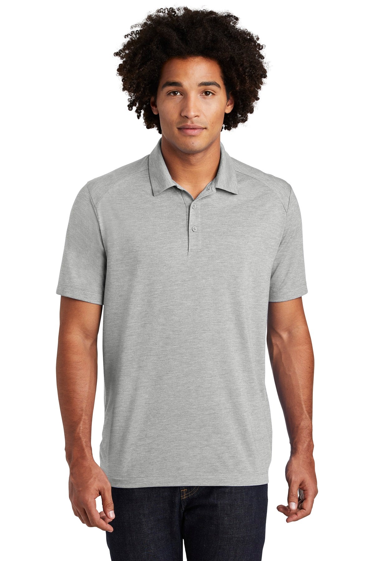 Front View of Light Grey Hth Sport-Tek PosiCharge Tri-Blend Wicking Polo. ST405 plain