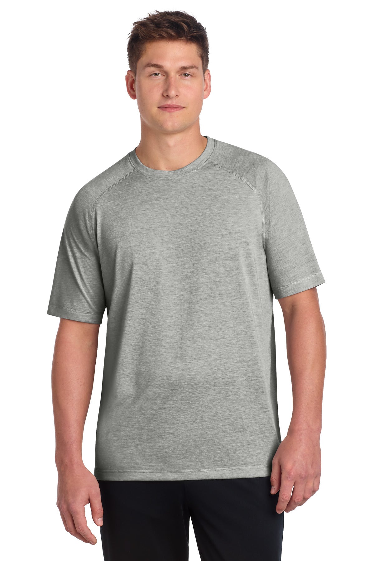Front View of Light Grey Hth Sport-Tek PosiCharge Tri-Blend Wicking Raglan Tee. ST400 plain