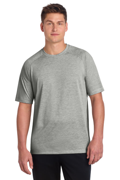 Front View of Light Grey Hth Sport-Tek PosiCharge Tri-Blend Wicking Raglan Tee. ST400 plain