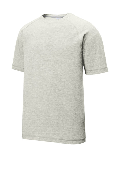 Front View of Light Grey Hth Sport-Tek PosiCharge Tri-Blend Wicking Raglan Tee. ST400 plain