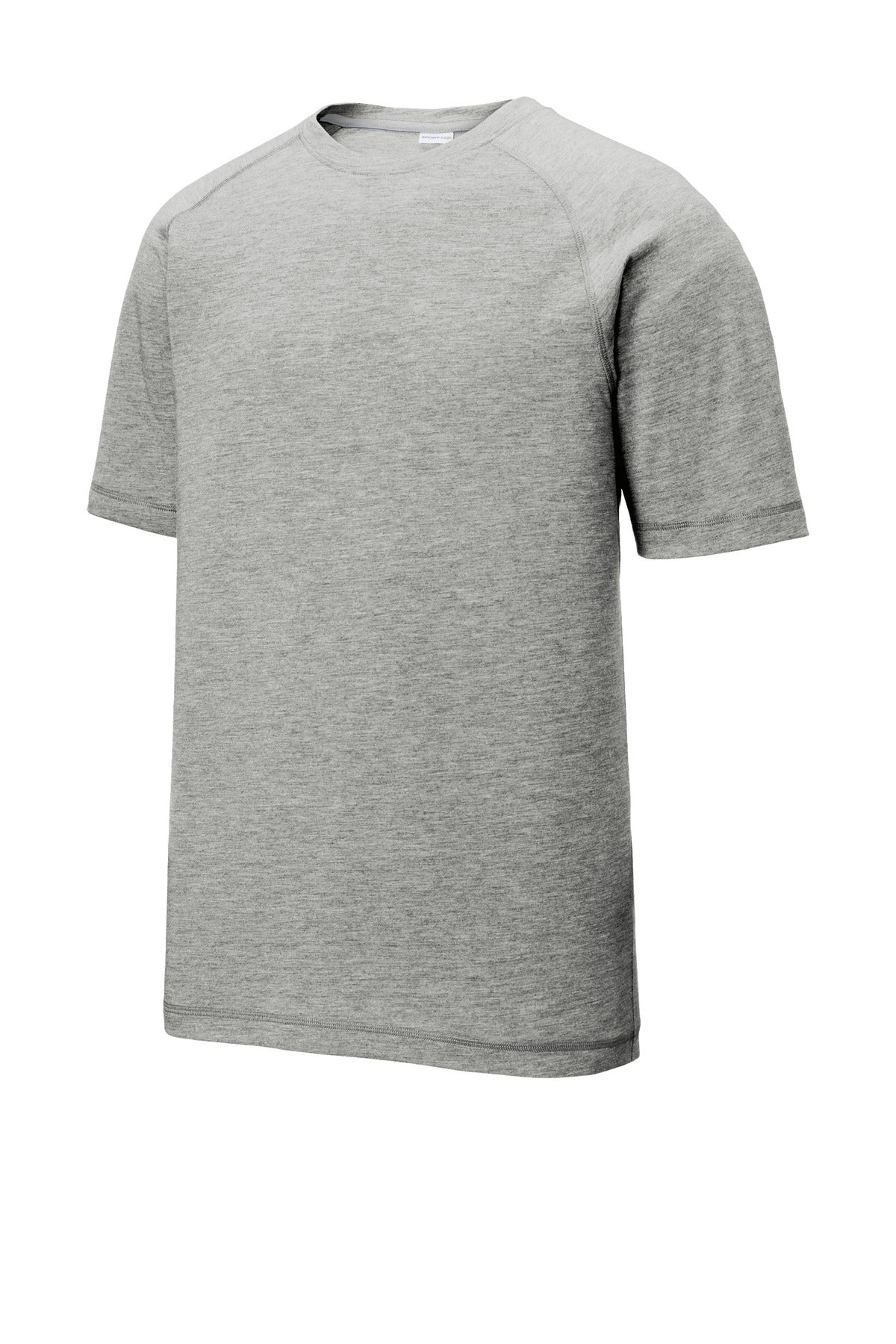 Front View of Light Grey Hth Sport-Tek PosiCharge Tri-Blend Wicking Raglan Tee. ST400 plain