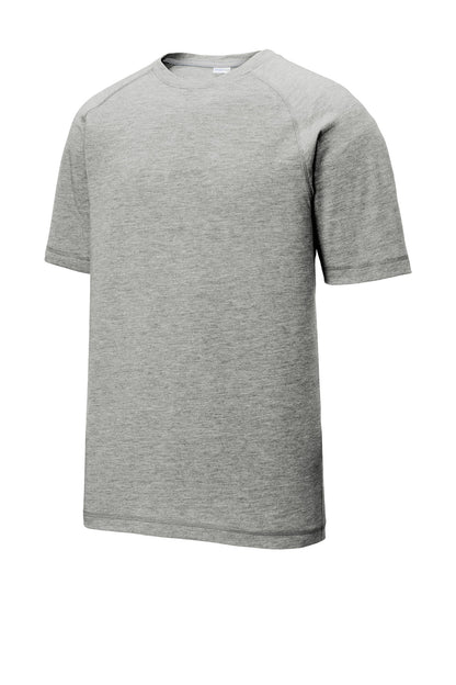 Front View of Light Grey Hth Sport-Tek PosiCharge Tri-Blend Wicking Raglan Tee. ST400 plain